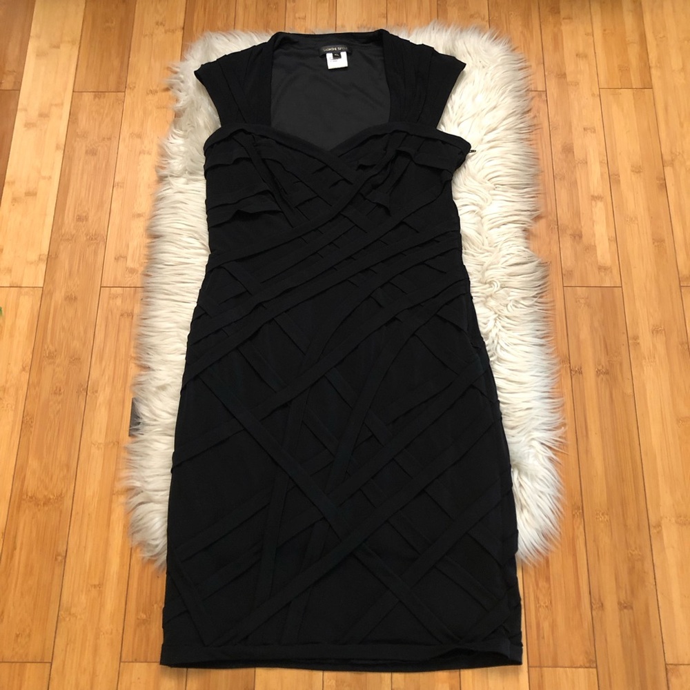 Tadashi Shoji Crisscross Squiggles Stretchy Fitted Black Cocktail Mini Dress XL